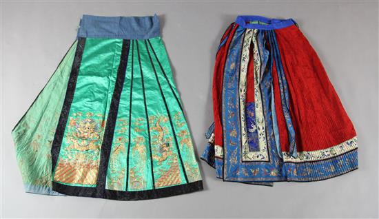Two Chinese embroidered silk skirts, early 20th century,